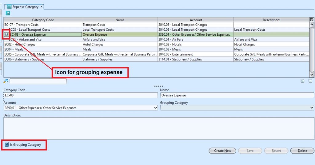 Expense category grouping