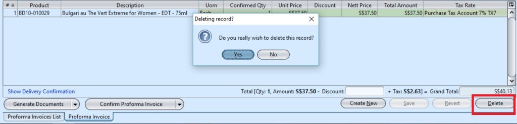 Proforma Invoice delete