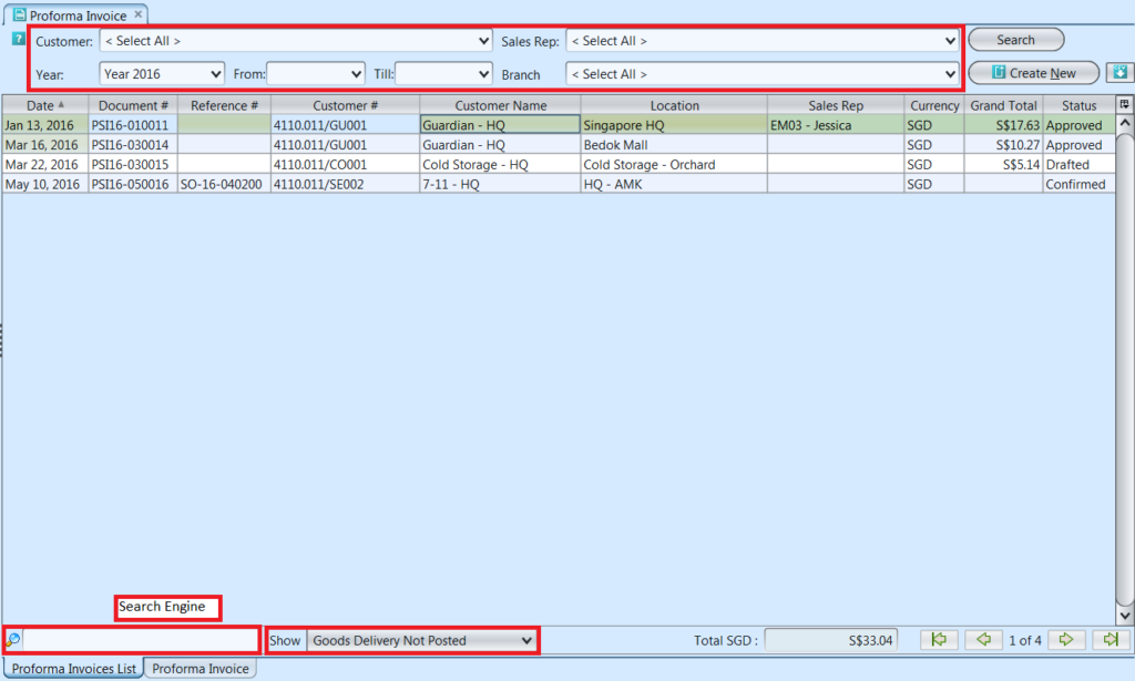 Proforma Sales Invoice - list filters