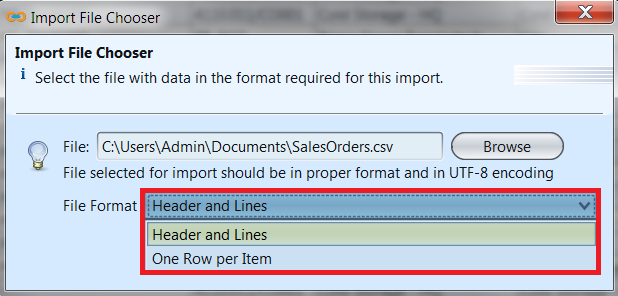 Sales Order - import file chooser - list