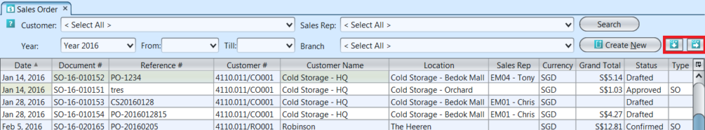Sales Order - list - import export buttons