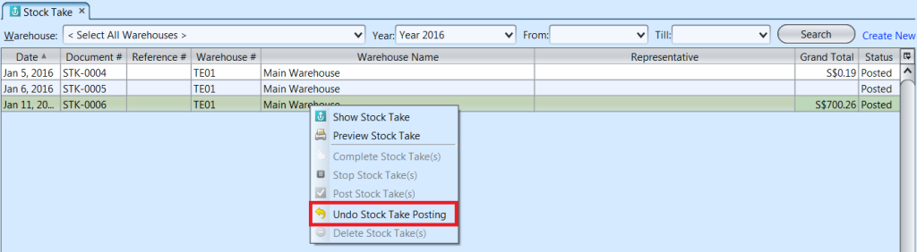 Stock Take List - undo